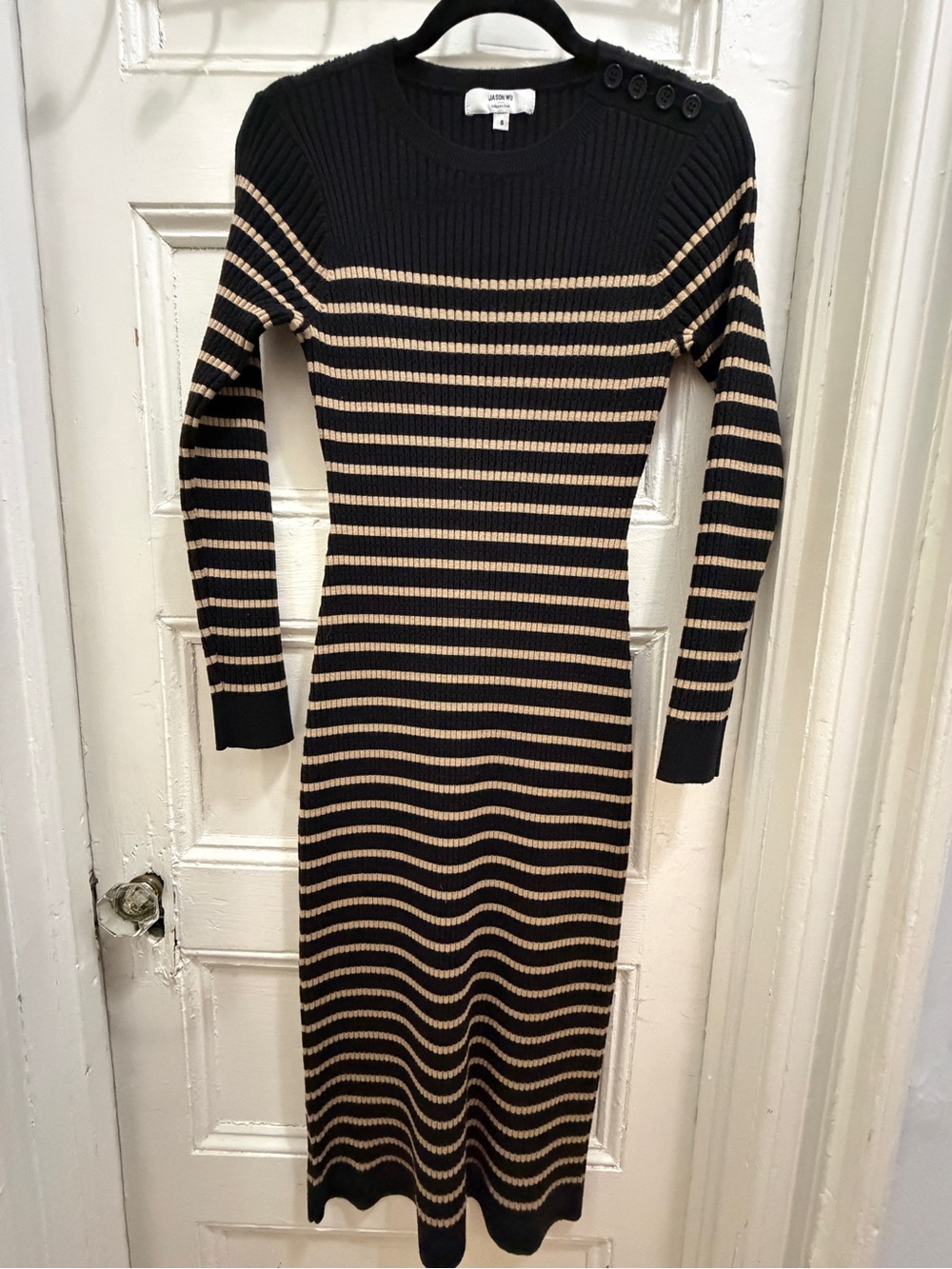 Jason Wu Black and Beige Striped Ribbed Knit Midi Dress